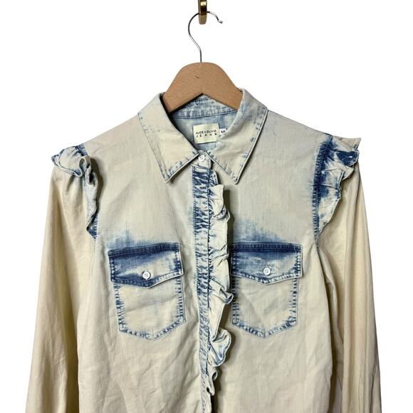 Alice + Olivia Hannah Ruffle Sleeve Button Down Shirt Linen Blend Blue Small - Picture 5 of 9
